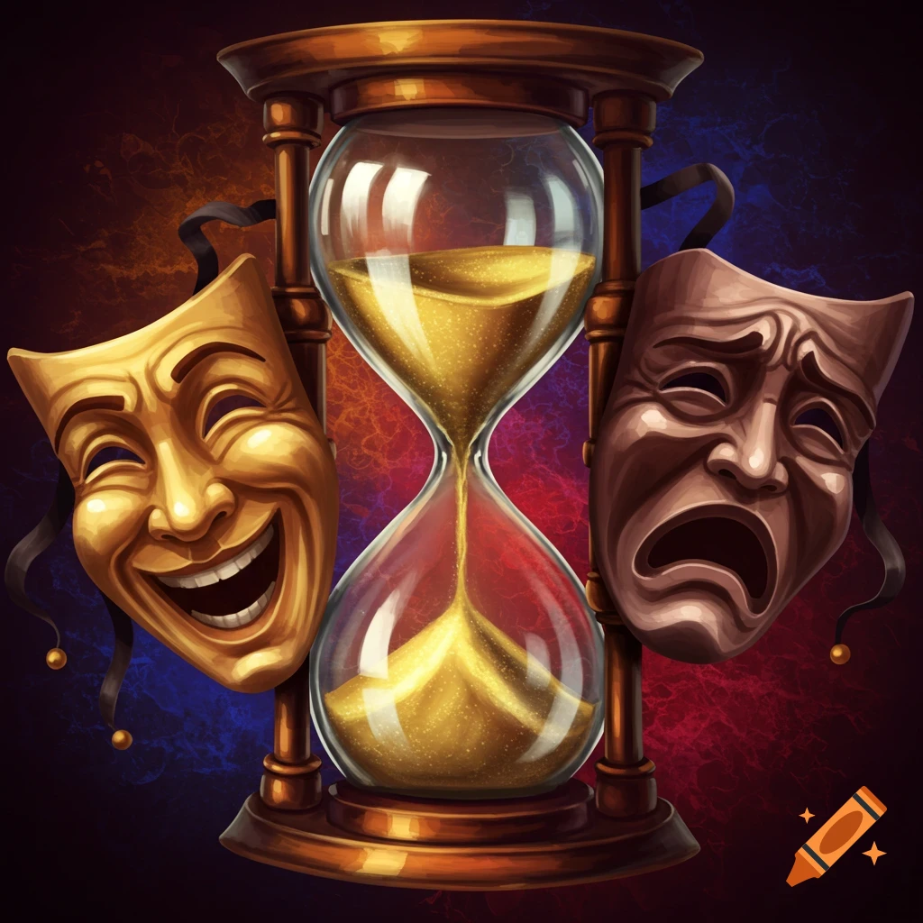 Hourglass with comedy and tragedy theater masks