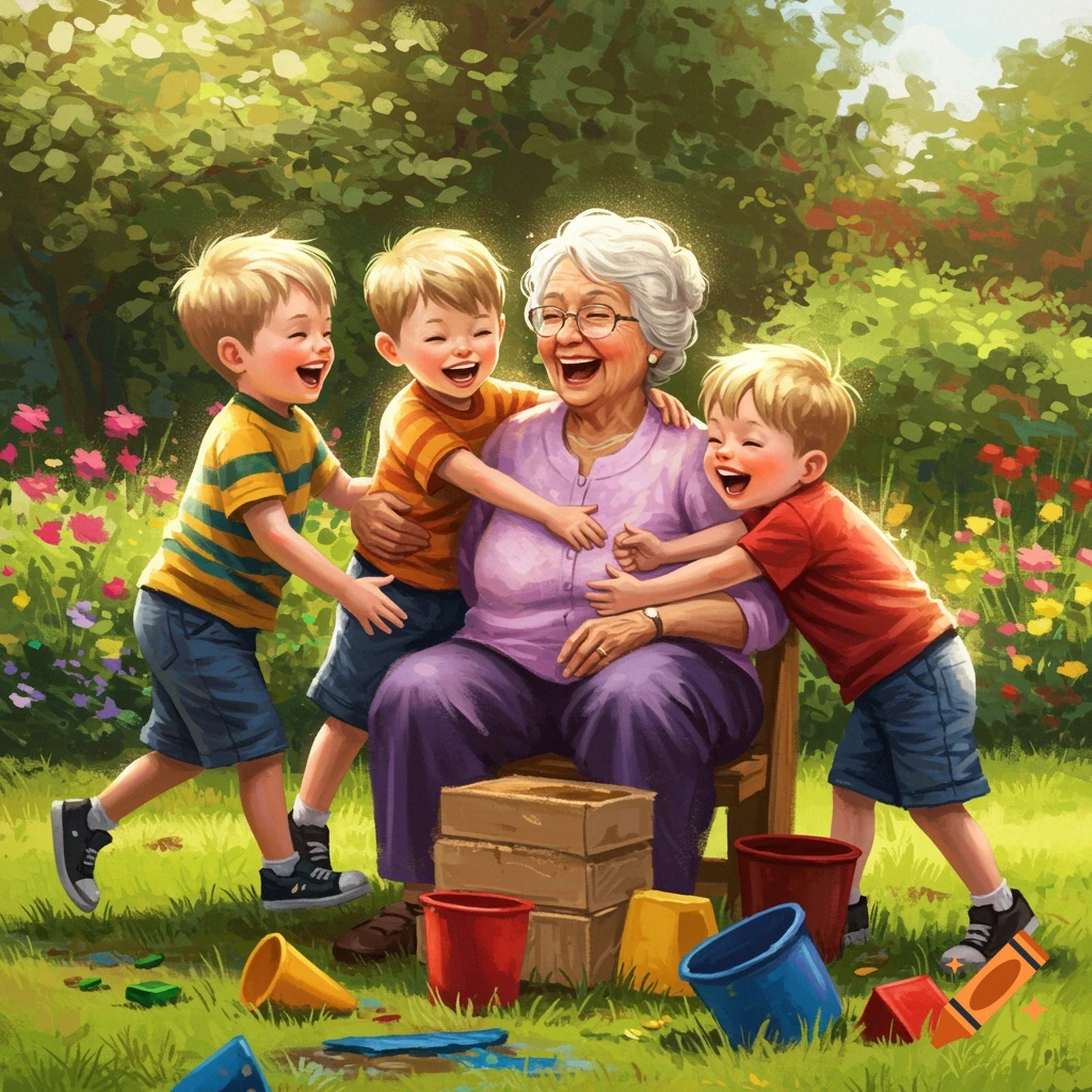 Illustration of a grandmother hugging three laughing young boys in a sunny garden.