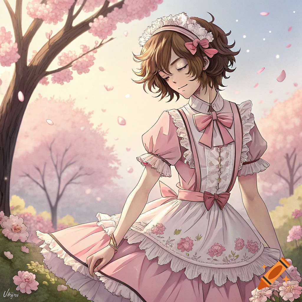 Anime person in a pink frilly dress with bows sitting under a cherry blossom tree.