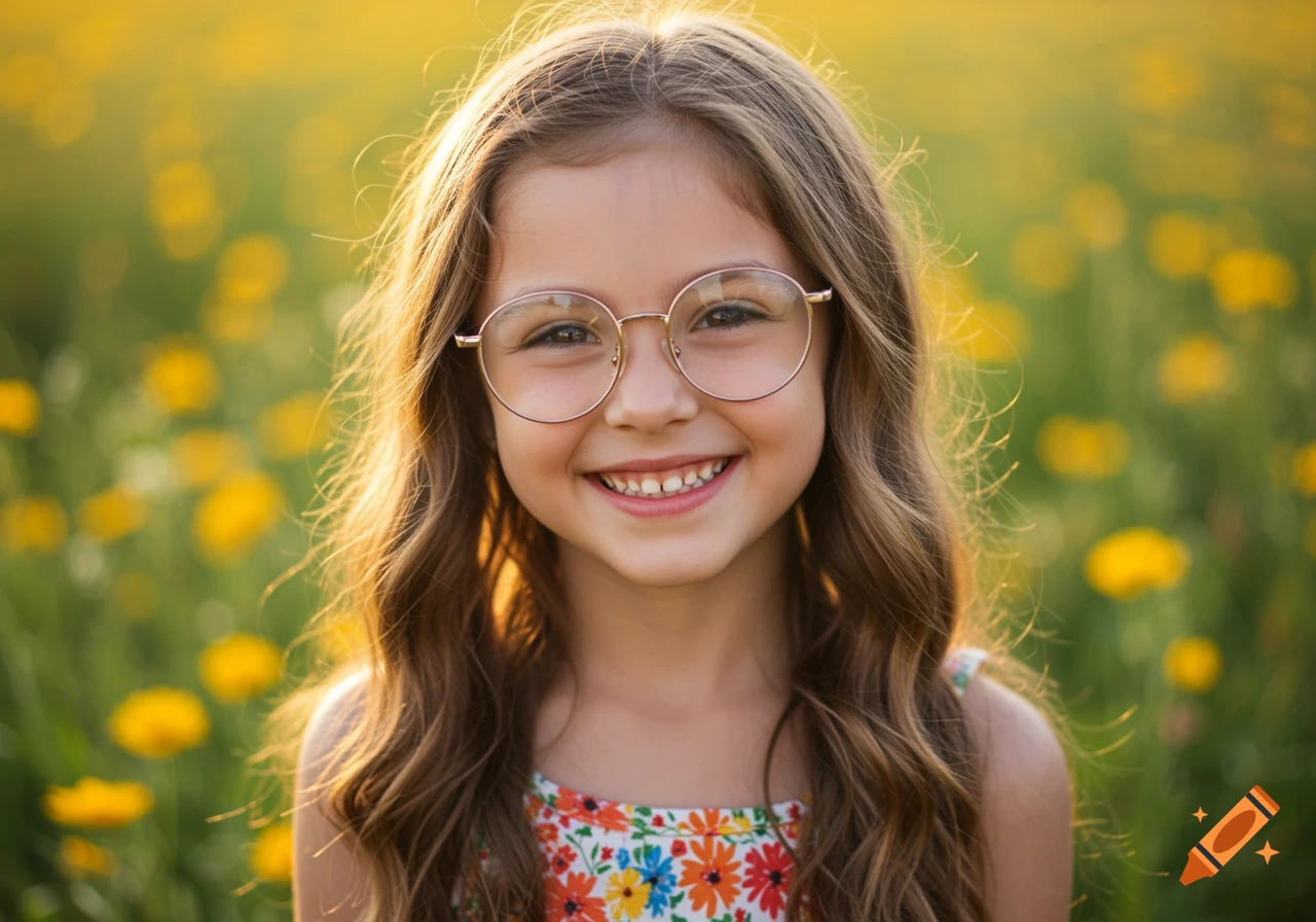 A young girl with glasses smiles happily in a sunny field of yellow flowers.