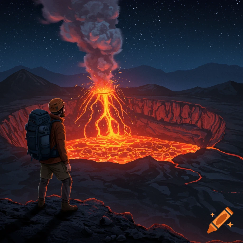 Person watches a volcano erupting under a starry night sky, illustration style.