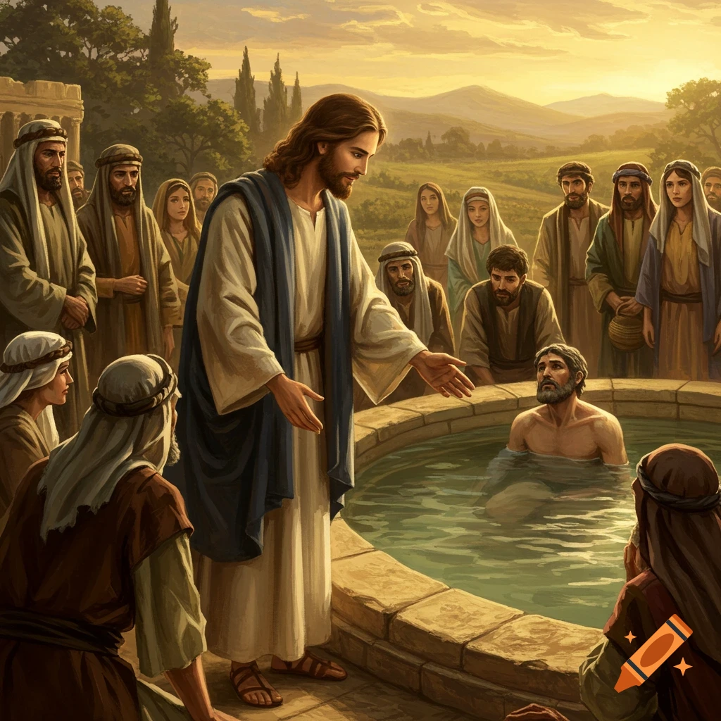 Jesus stands by a pool extending his hand to a man in the water, surrounded by people.