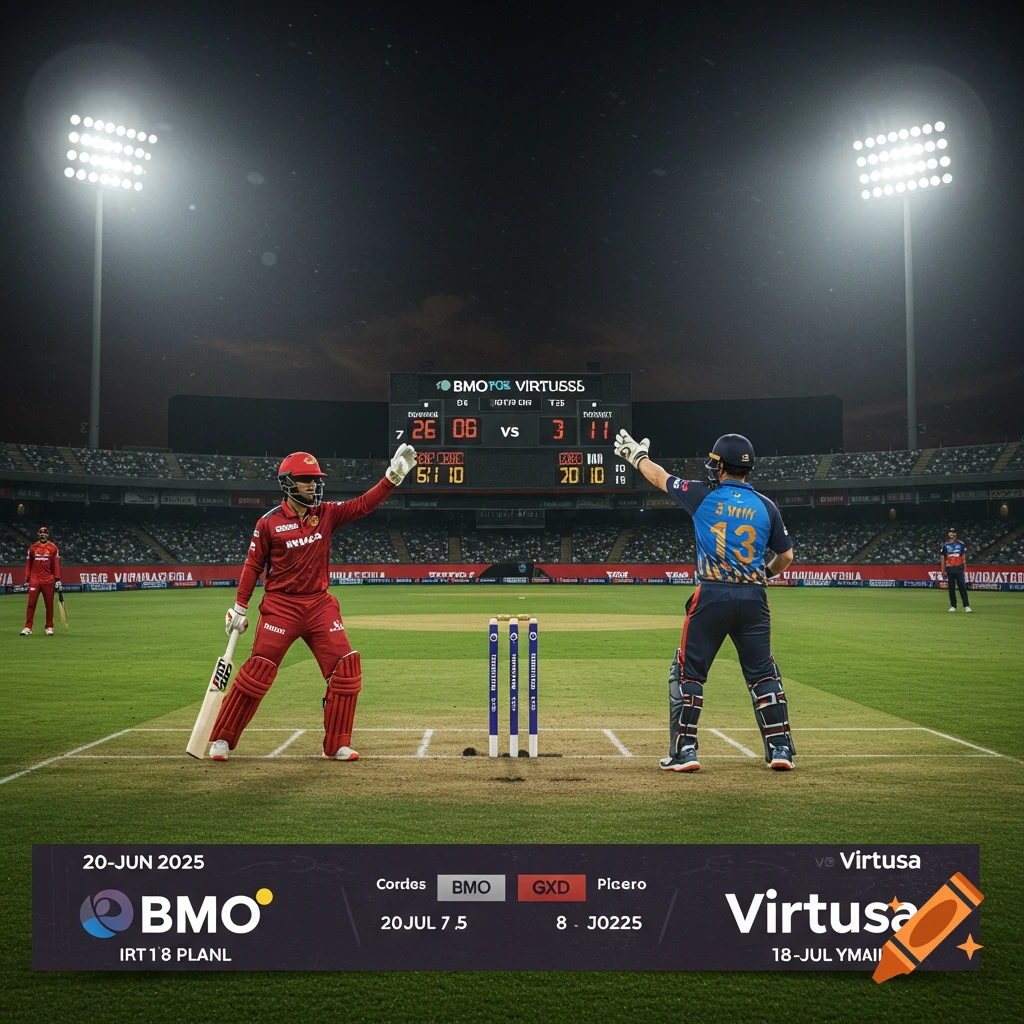 Cricket match between BMO and Virtusa at evening with stadium lights and scoreboard displaying match dates.
