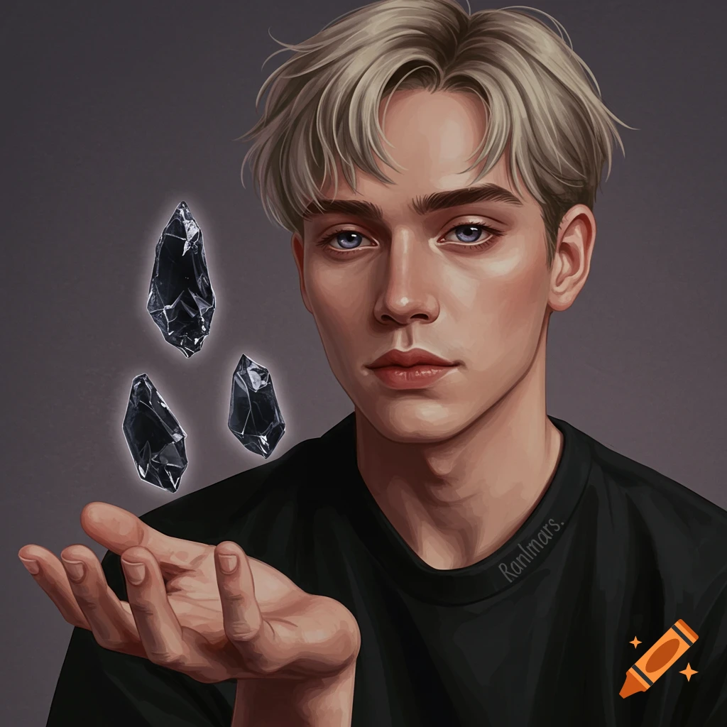 A young man with light hair holds three floating black crystal shards.