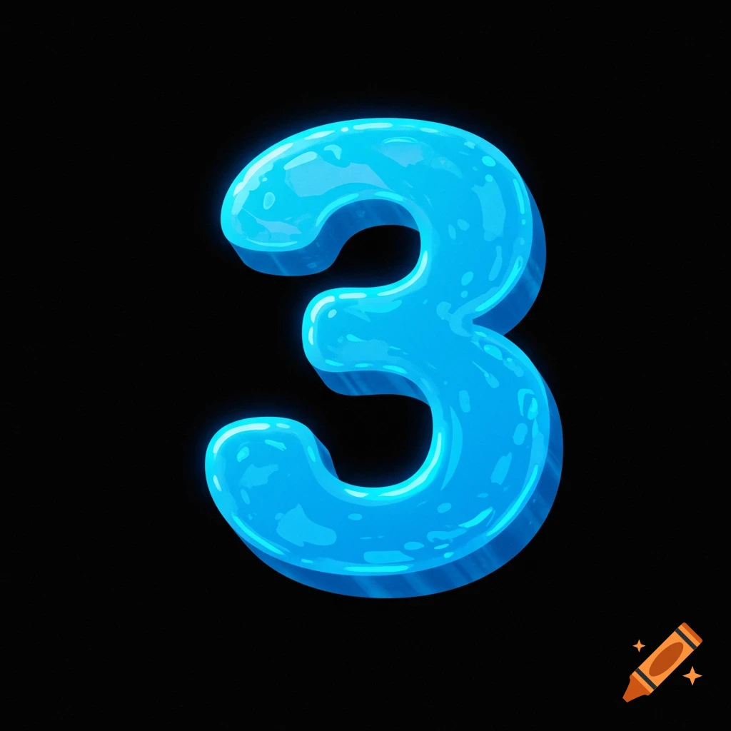 A large, shiny blue bubbly number three on a black background.
