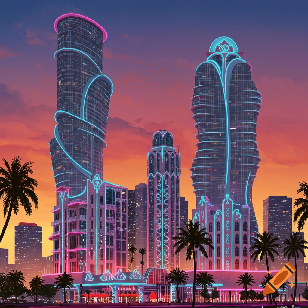 Futuristic city skyline with neon-accented skyscrapers and palm trees at sunset.