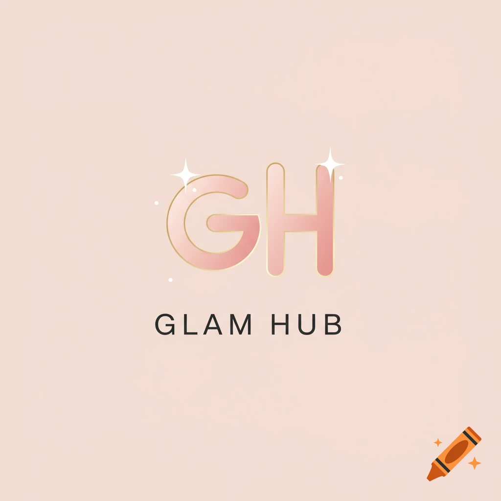 Logo with large pink and gold letters GH and text GLAM HUB below, on a light pink background.