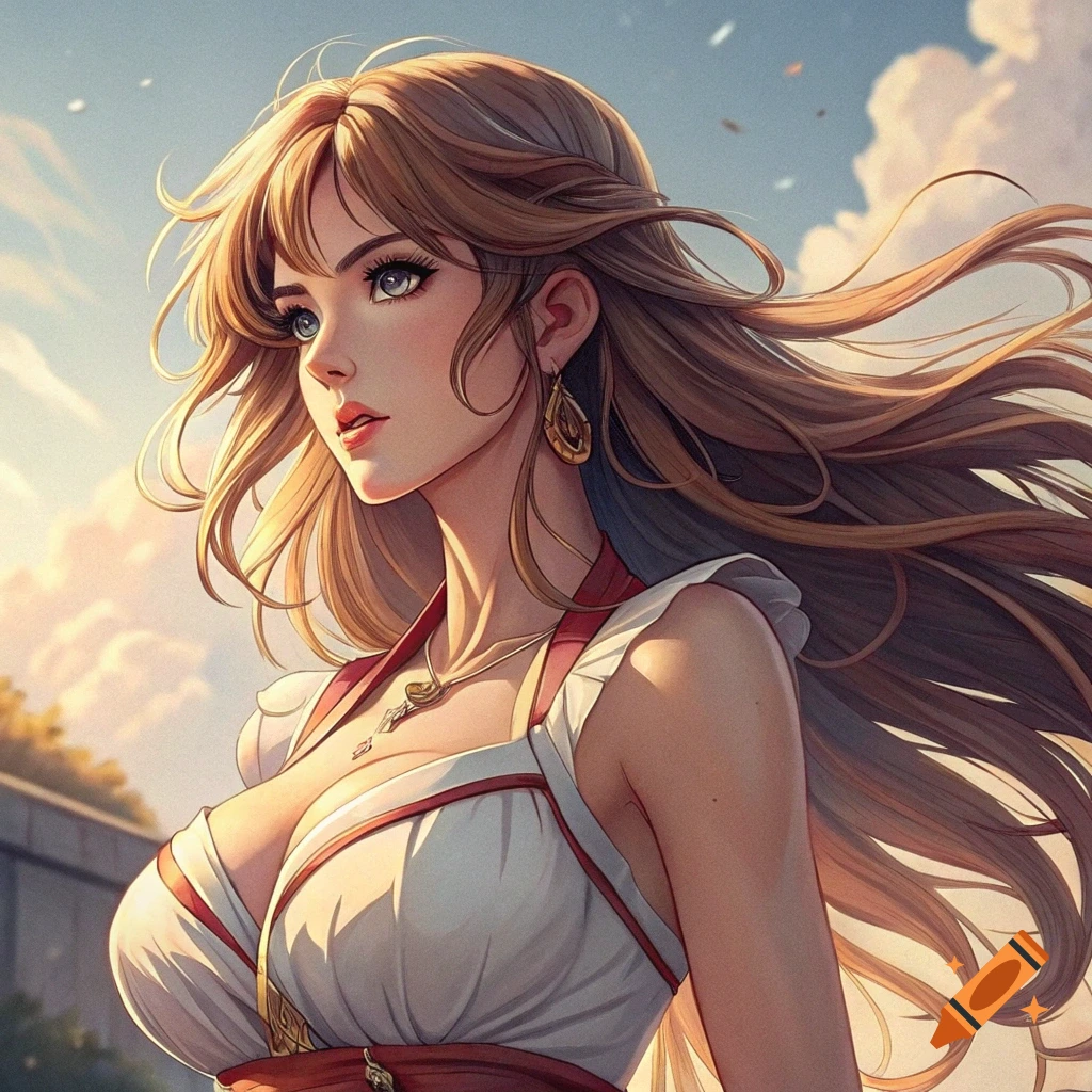Anime portrait of a woman with long brown hair wearing a white dress, looking left against a cloudy sky.