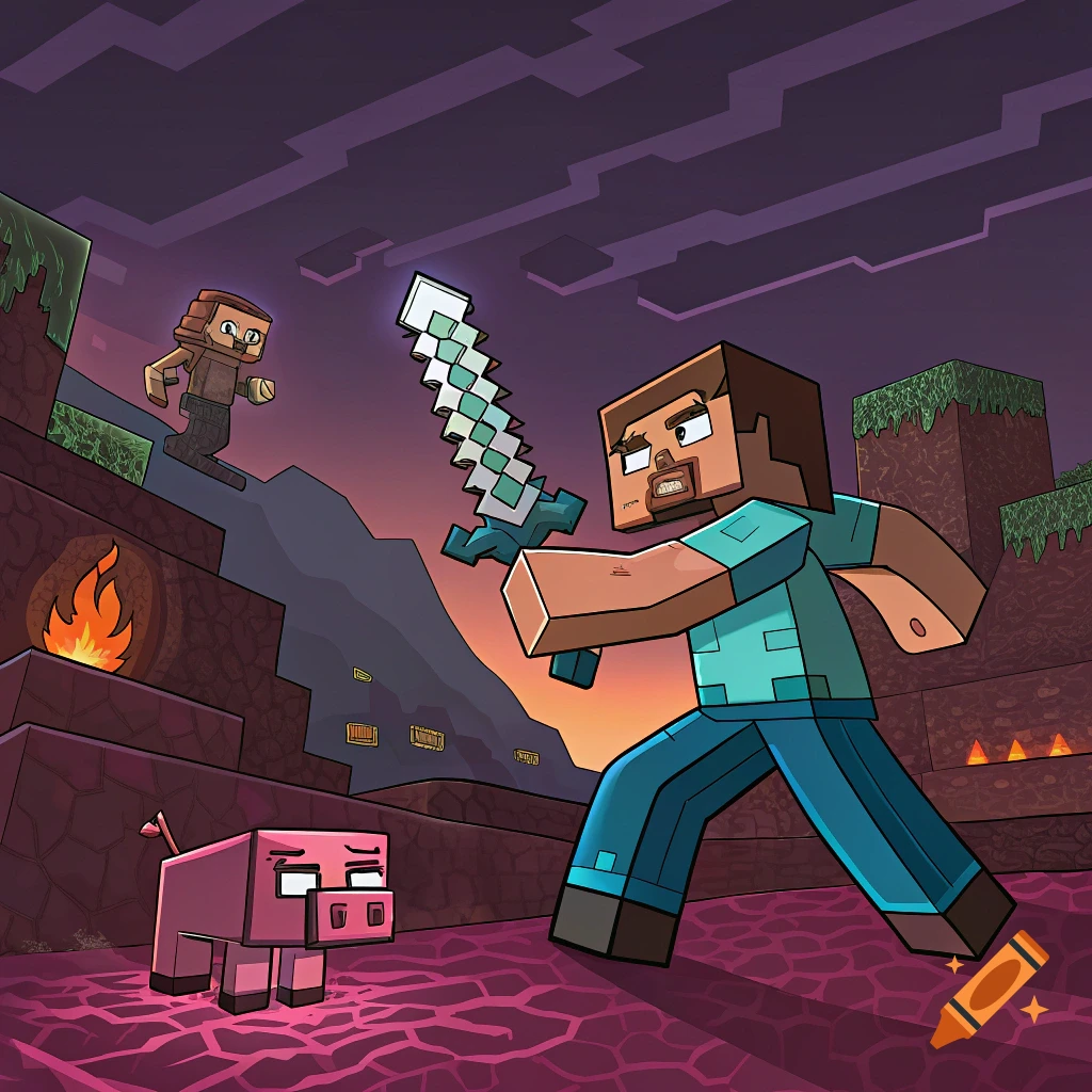 Minecraft Steve holds a diamond sword, facing another character and a pig in the Nether dimension.