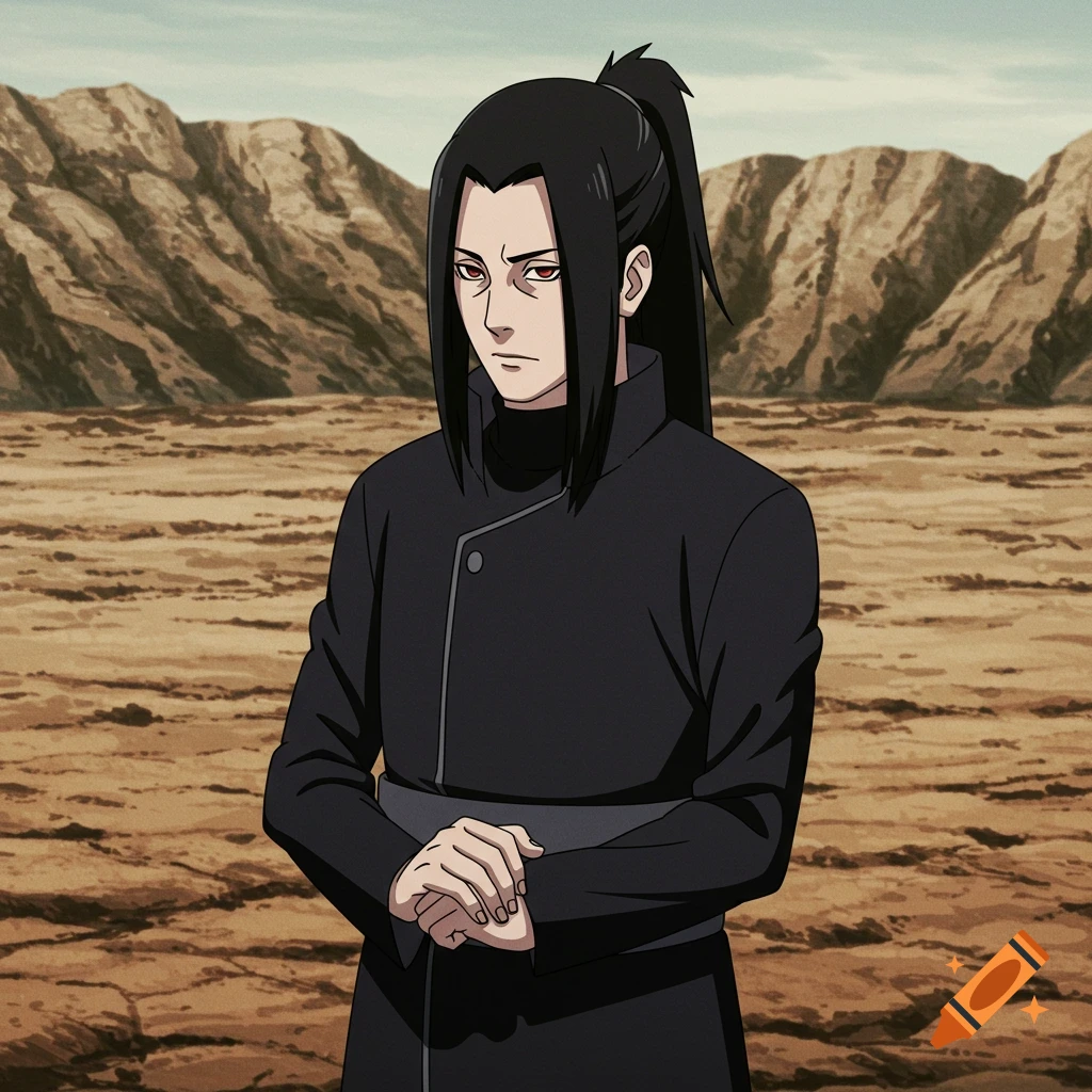 Anime man with dark ponytail in black coat standing in a desert.