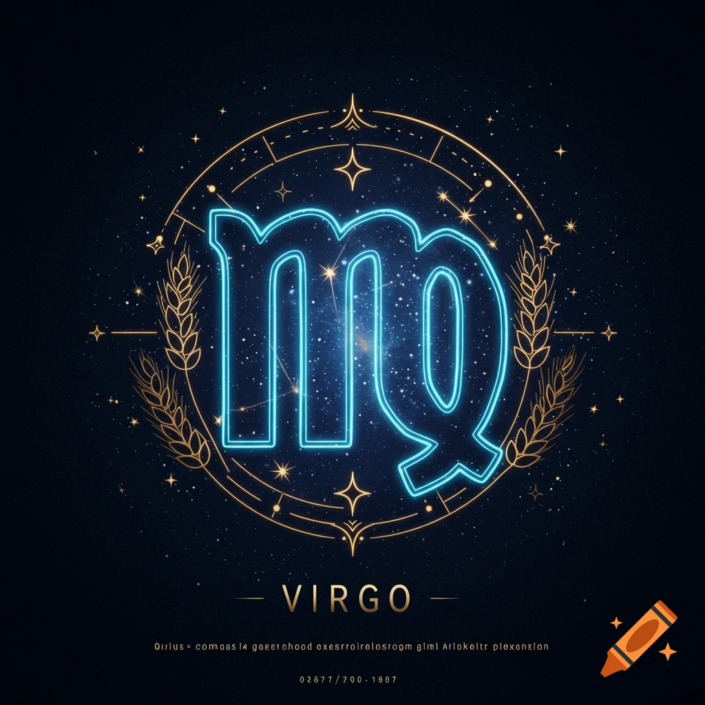 Virgo zodiac emblem with blue and gold mystic glow, stars and wheat, cyberpunk line art