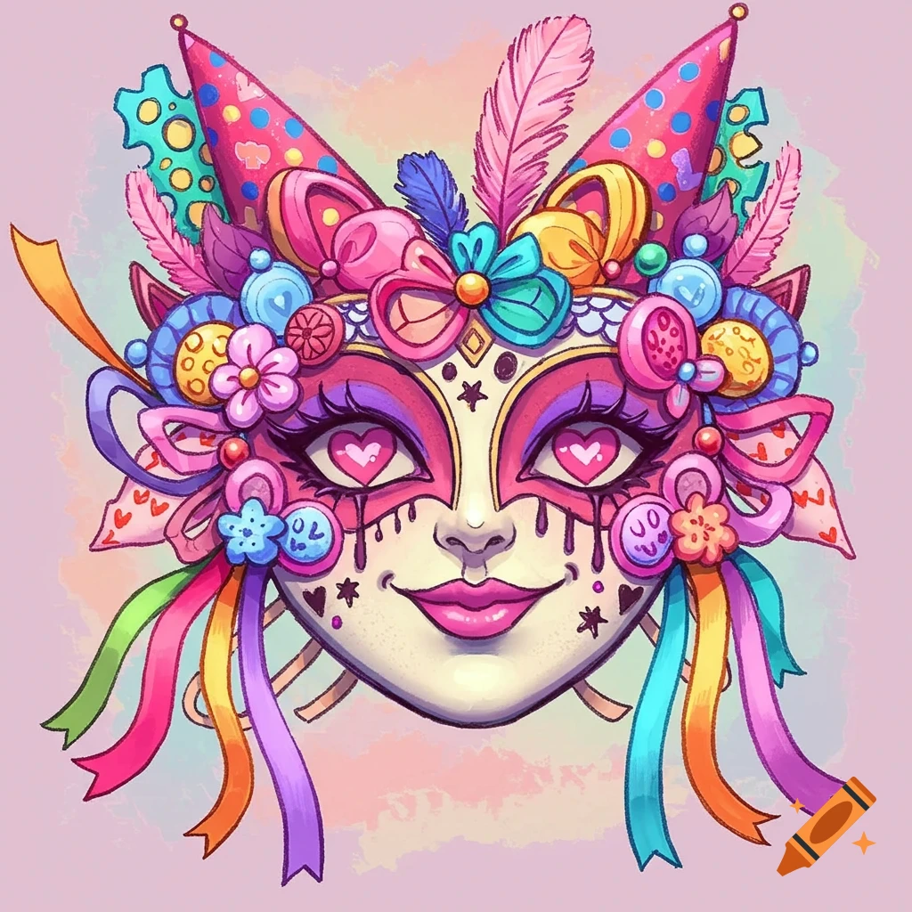 Colorful Harajuku style masquerade mask illustration with feathers, ribbons, and flowers.