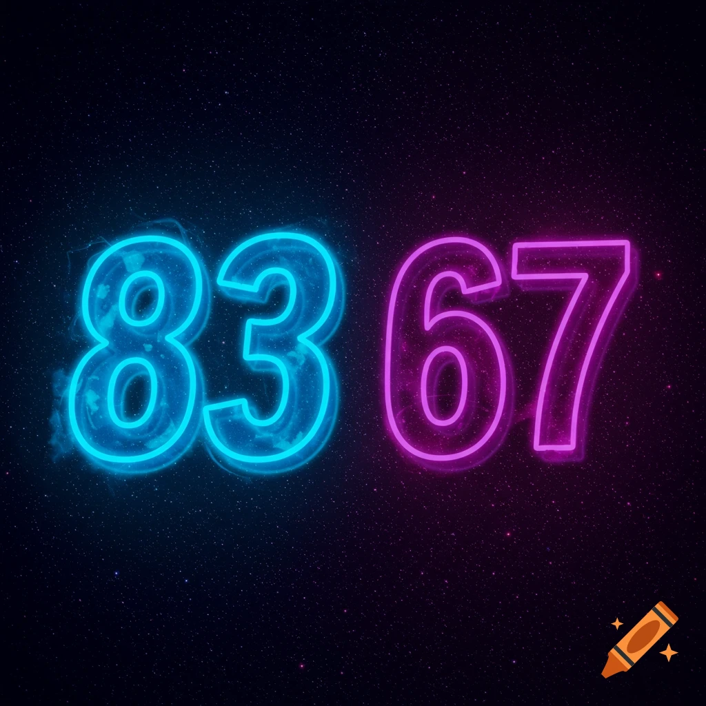 Neon numbers 83 and 67 on a starry background