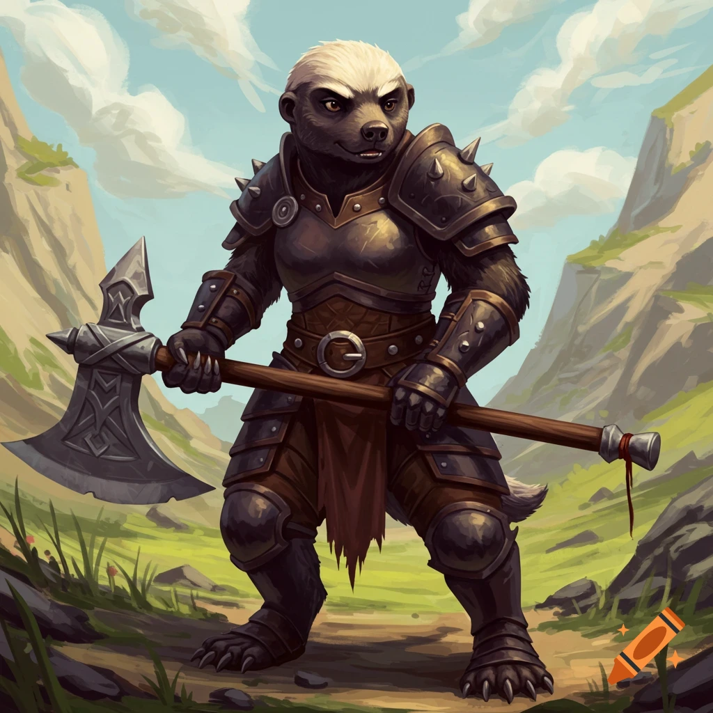 Anthropomorphic honey badger barbarian in armor holding an axe in a fantasy landscape.