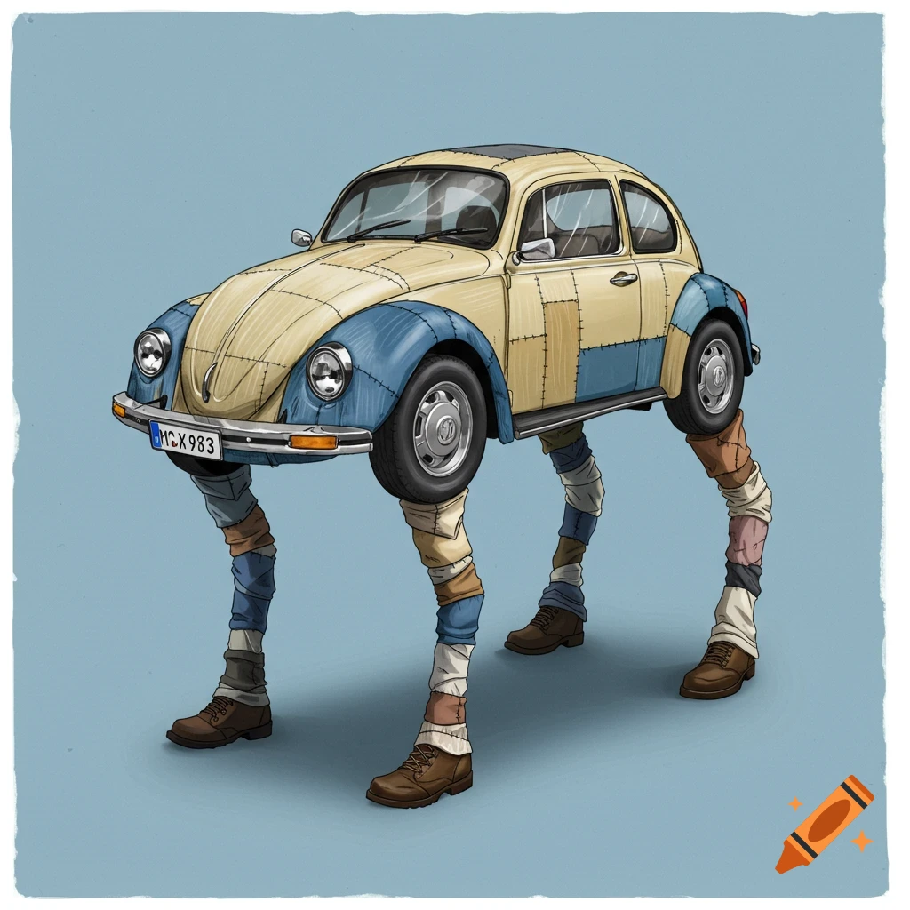 An illustration of a patched Volkswagen Beetle car standing on four legs with shoes against a blue background.
