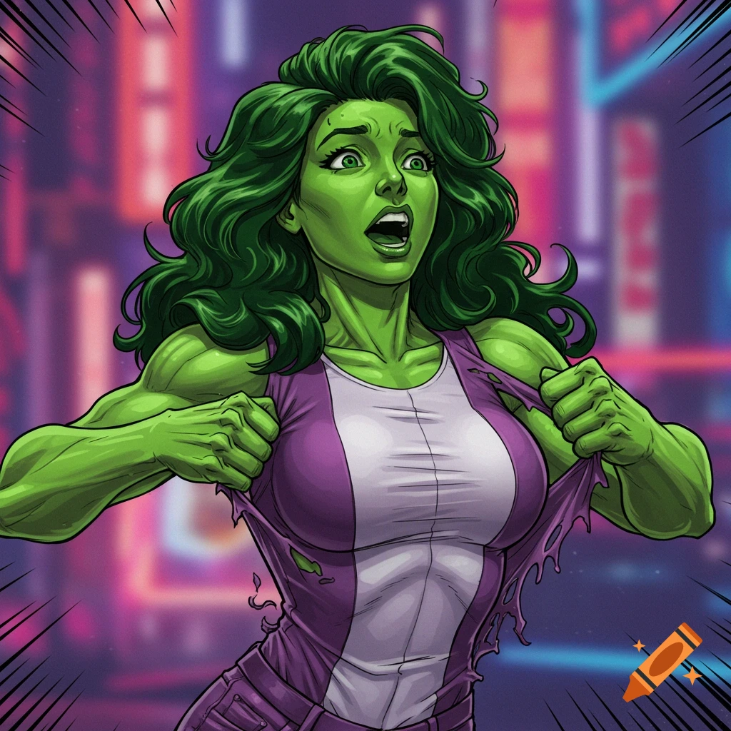 Comic art illustration of a woman transforming into She-Hulk, tearing her clothes.