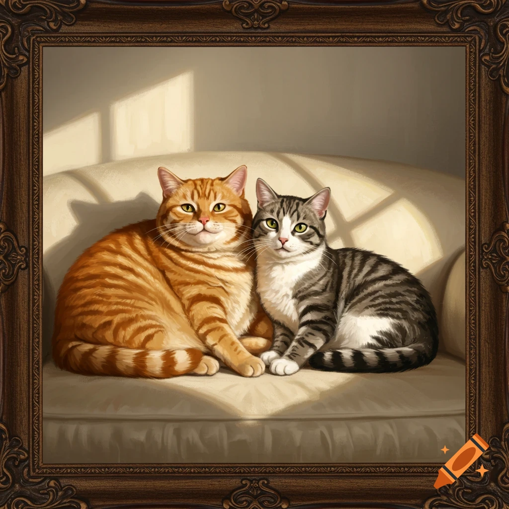 An orange tabby and a grey and white tabby cat sitting together on a couch inside a framed painting.