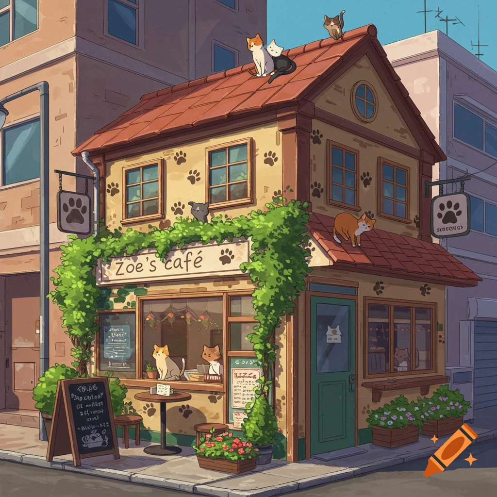Cartoon cafe with cats on the roof and windowsill, paw prints on the wall, and a sign reading 'Zoe's cafe' in an anime style.