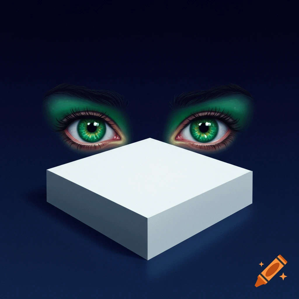 Eyes with green makeup peer over a white cube on a dark background.