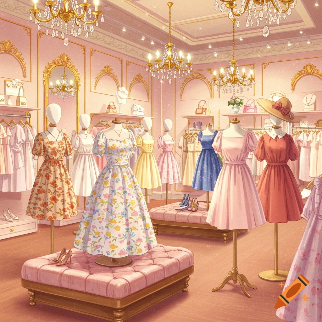 A cute, bright dress store interior with mannequins displaying colorful dresses and chandeliers.