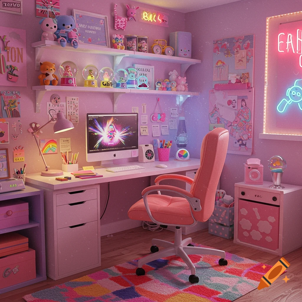 A vibrant pink home office setup with a desk, computer, pink chair, shelves filled with toys and decorations, colorful rug, and neon lights.