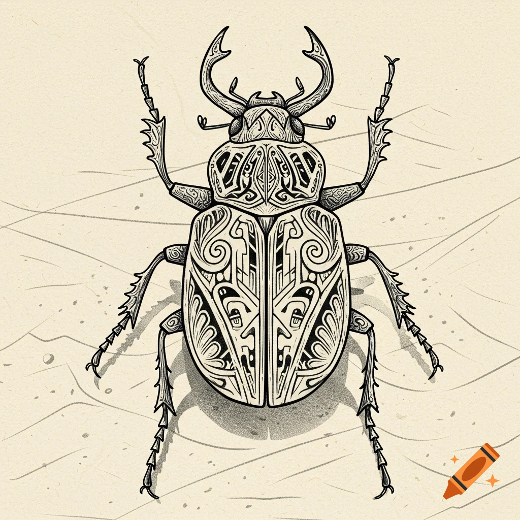 Line art of a desert beetle decorated with intricate patterns.