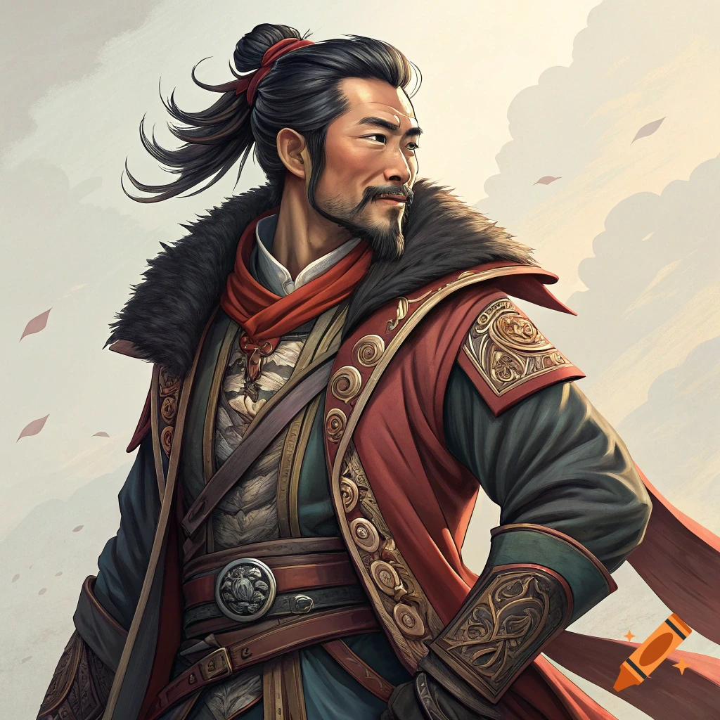Portrait of a man in elaborate historical Chinese clothing with a topknot and beard, looking right.