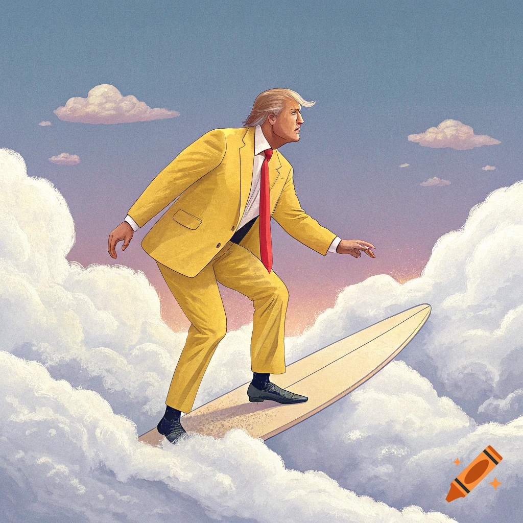 Illustration of Donald Trump in a yellow suit surfing through clouds on a surfboard.