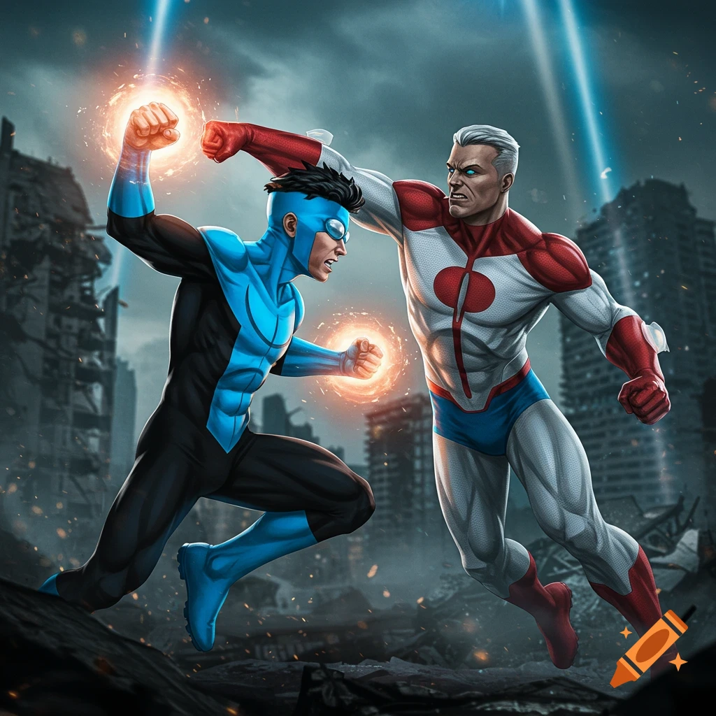 Two superheroes, one in blue and black, the other in white and red, fight in a ruined city.