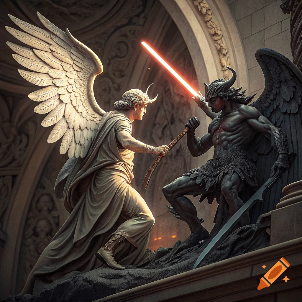 Angel killing demon statue