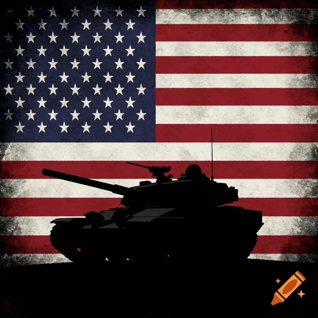 A black silhouette of a tank against a distressed US flag background.