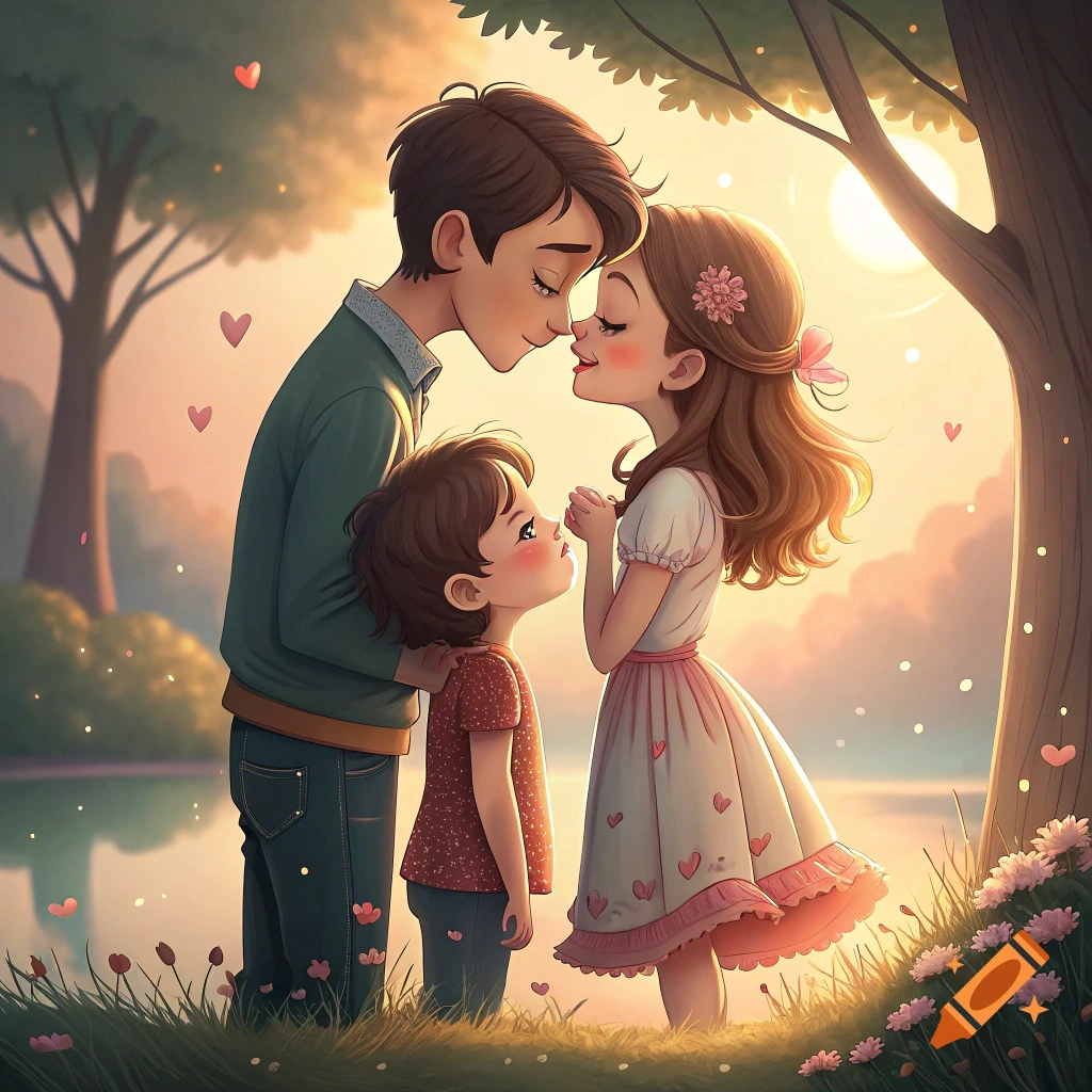 Illustrative family portrait at sunset with parents leaning together and child watching.