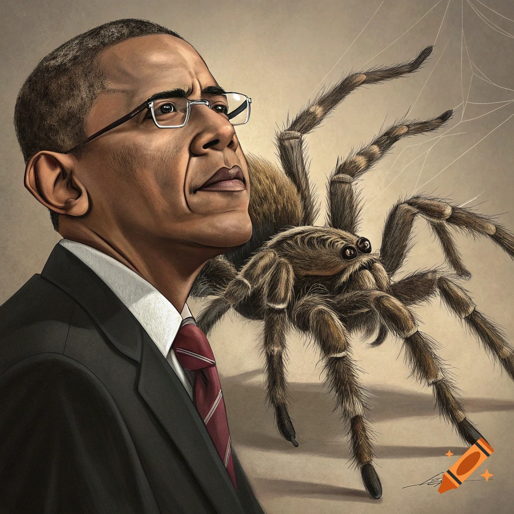 Illustration of a caricature of Barack Obama with a large spider on his back