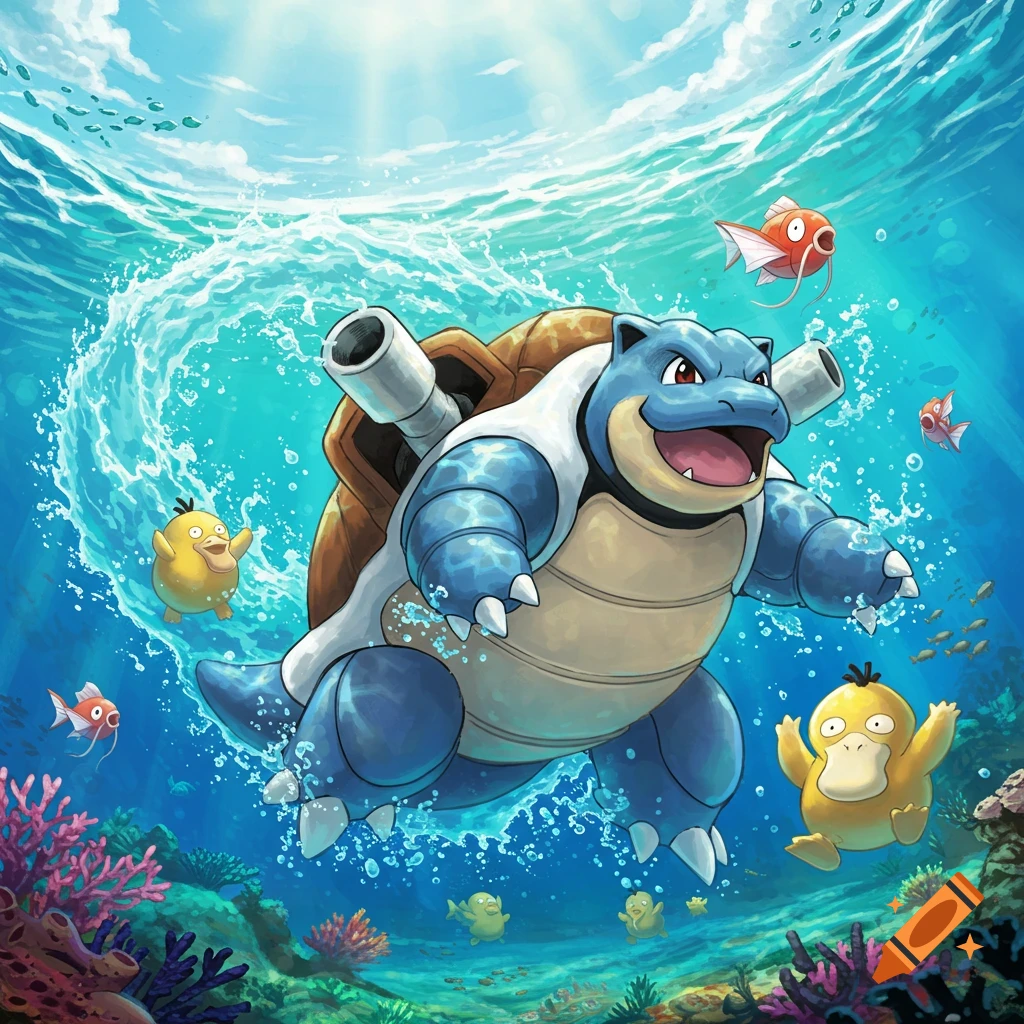 Blastoise swims underwater with Psyduck and fish in an illustration.