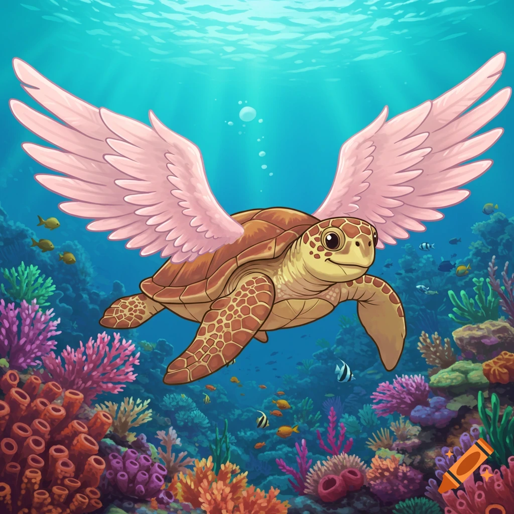 Cartoon sea turtle with pink wings flying underwater near colorful coral reefs and fish.