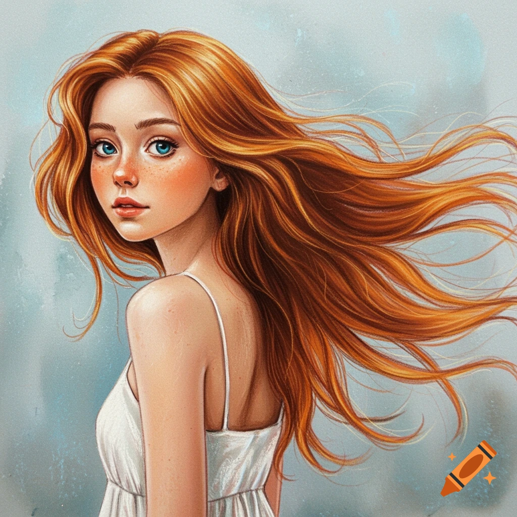 Drawing of a girl with long red hair flowing behind her.