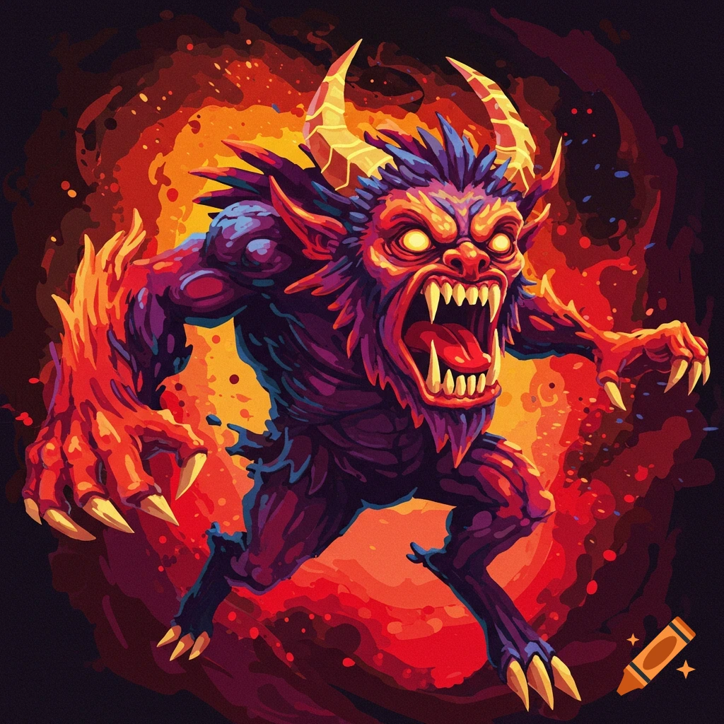 A stylized, colorful illustration of a monstrous creature with horns, fangs, and claws, roaring against a fiery orange and red background.