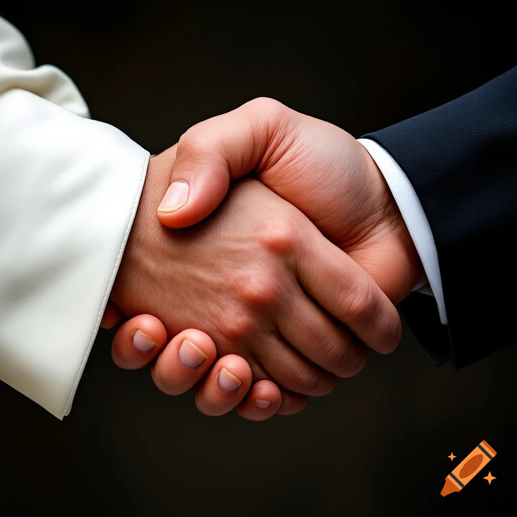 Close-up of two hands shaking, one in a white shirt sleeve, the other in a suit jacket sleeve. Photorealistic.