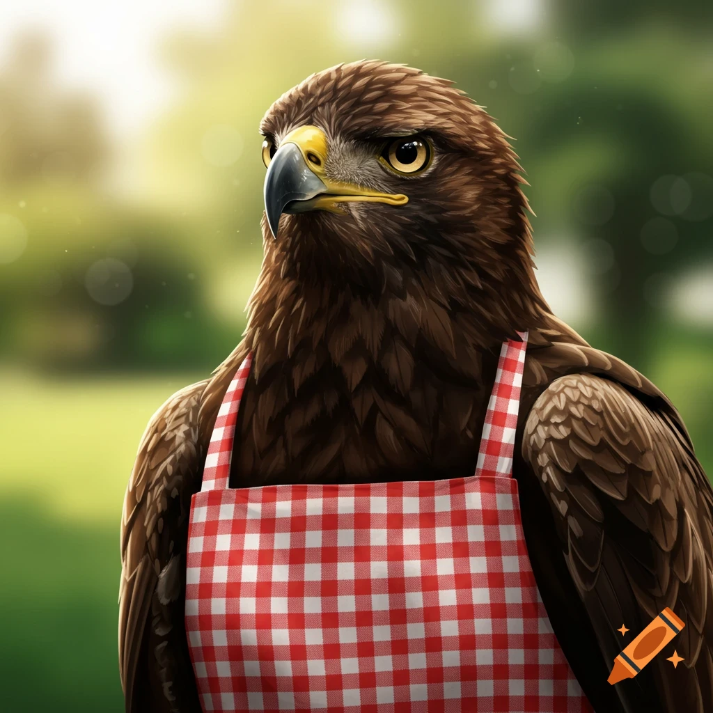 Close-up of an eagle wearing a red and white checkered apron outdoors.