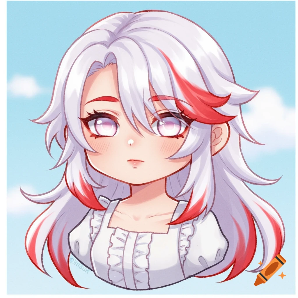 Chibi anime bust-up drawing of a character with white hair and red highlights, glowing eyes, and a white ruffled top, against a blue sky.