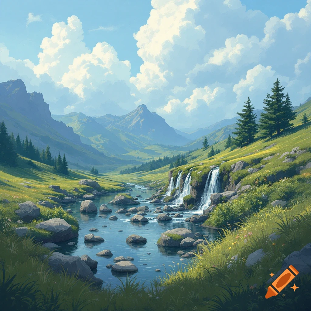 Sunny mountain landscape with river, rocks, waterfall, and green hillsides under a cloudy sky.