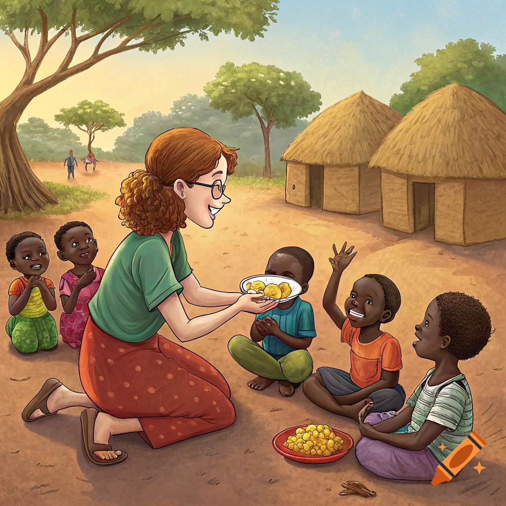 Illustration of a woman feeding children from a plate in an African village.