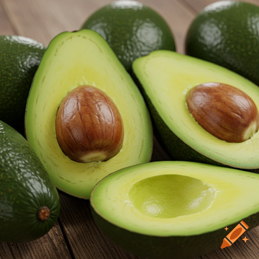 Close-up photorealistic image of whole and halved avocados on a wooden surface.