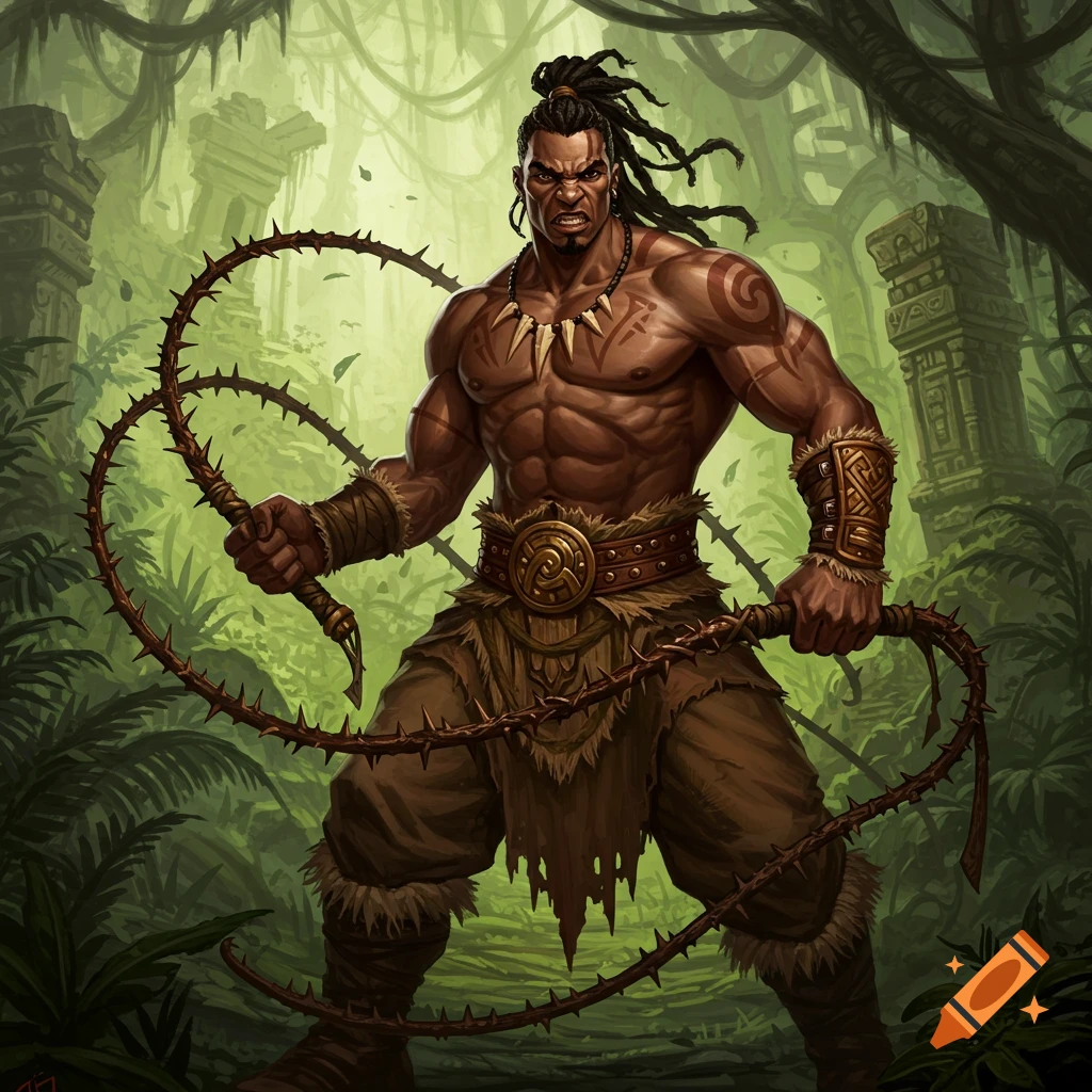 Muscular fantasy barbarian holding thorny whips in a jungle with ruins.