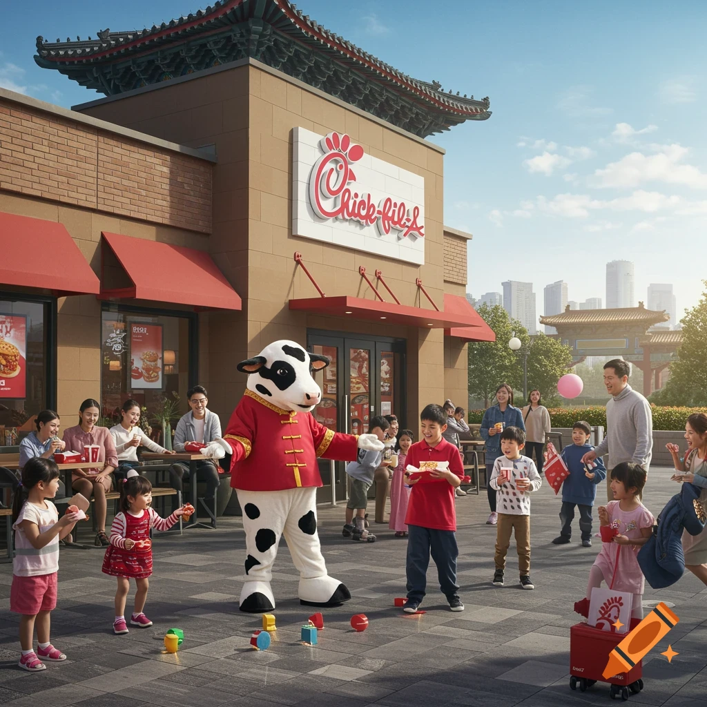 Chick-fil-A building with traditional Asian roof, cow mascot with children playing outside, families at tables