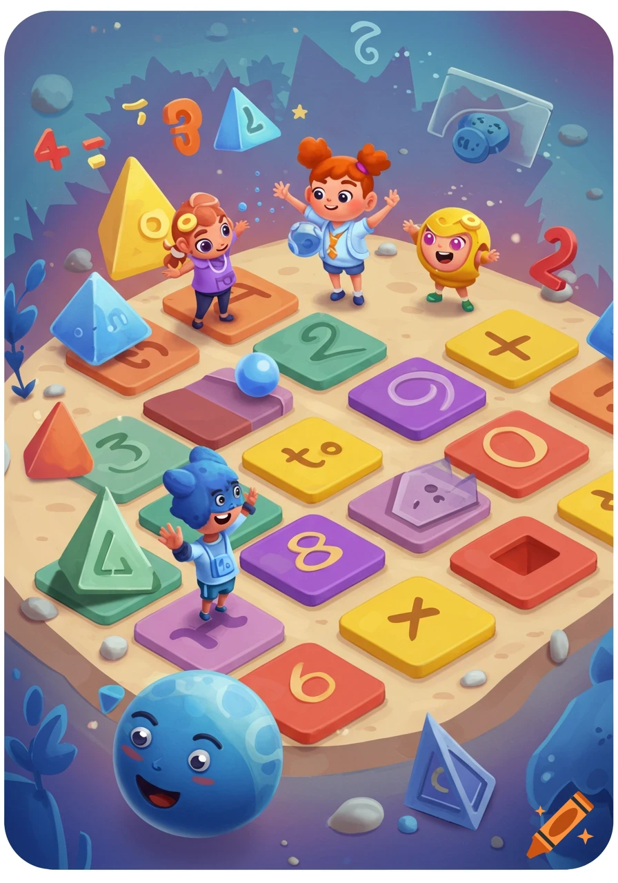 Cartoon characters playing a math game board with numbers and symbols.