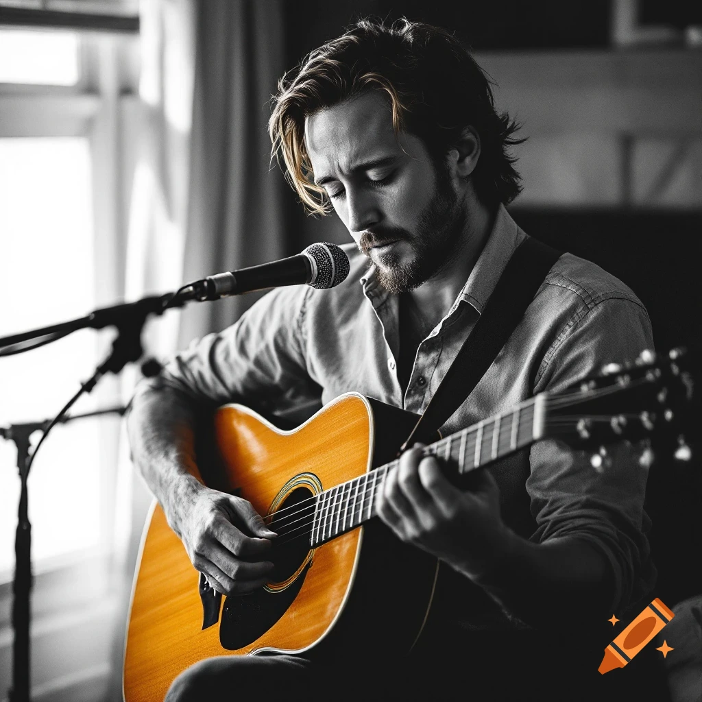 Close-up portrait of a man playing an acoustic guitar in selective color.