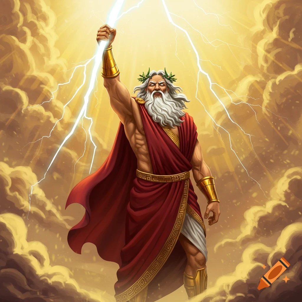 Zeus, Greek god, standing among storm clouds, holding a lightning bolt.