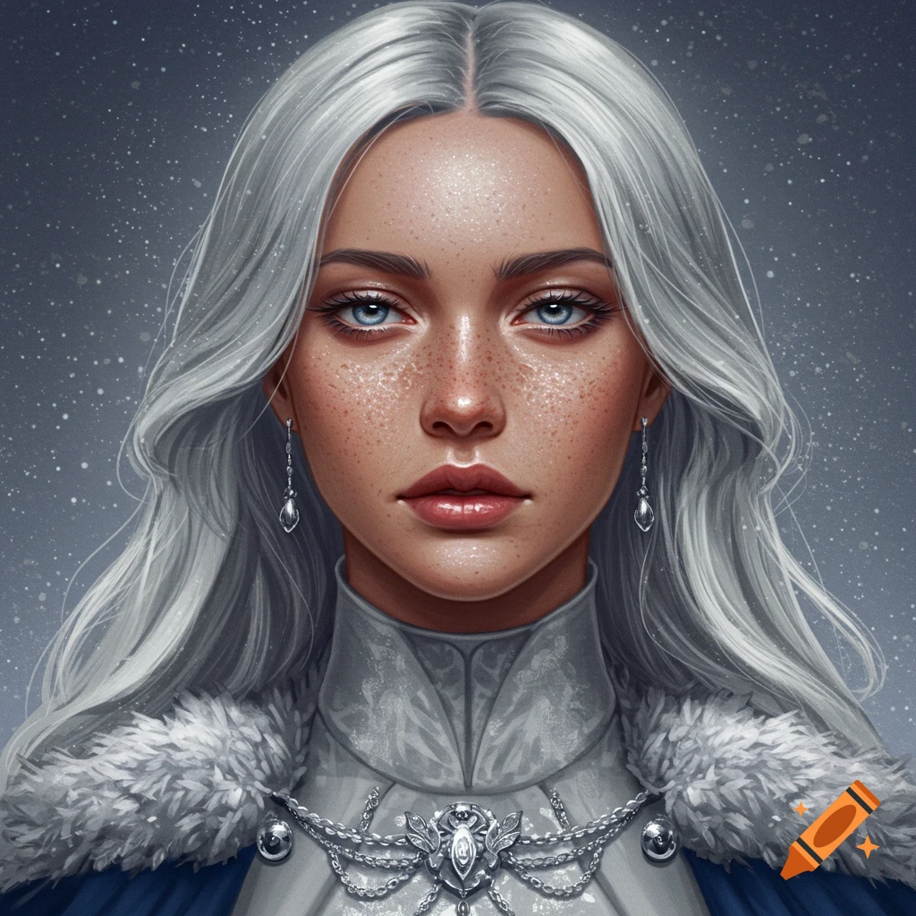A portrait of an empress with long silver hair, blue eyes, freckles, wearing elaborate silver and white winter fantasy clothing and jewelry.