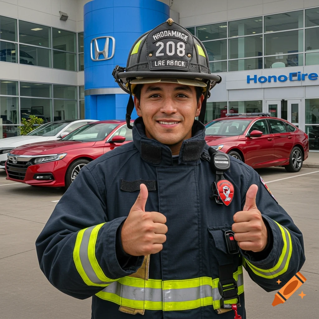 Firefighter giving thumbs up in front of Honda dealership photo capture promotion